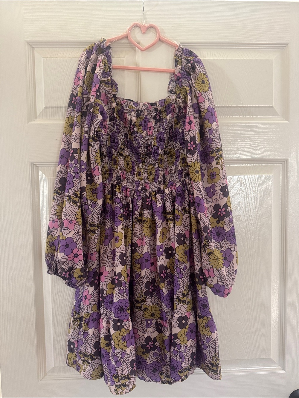 Floral Smocked Mini Dress in Purple and Olive
